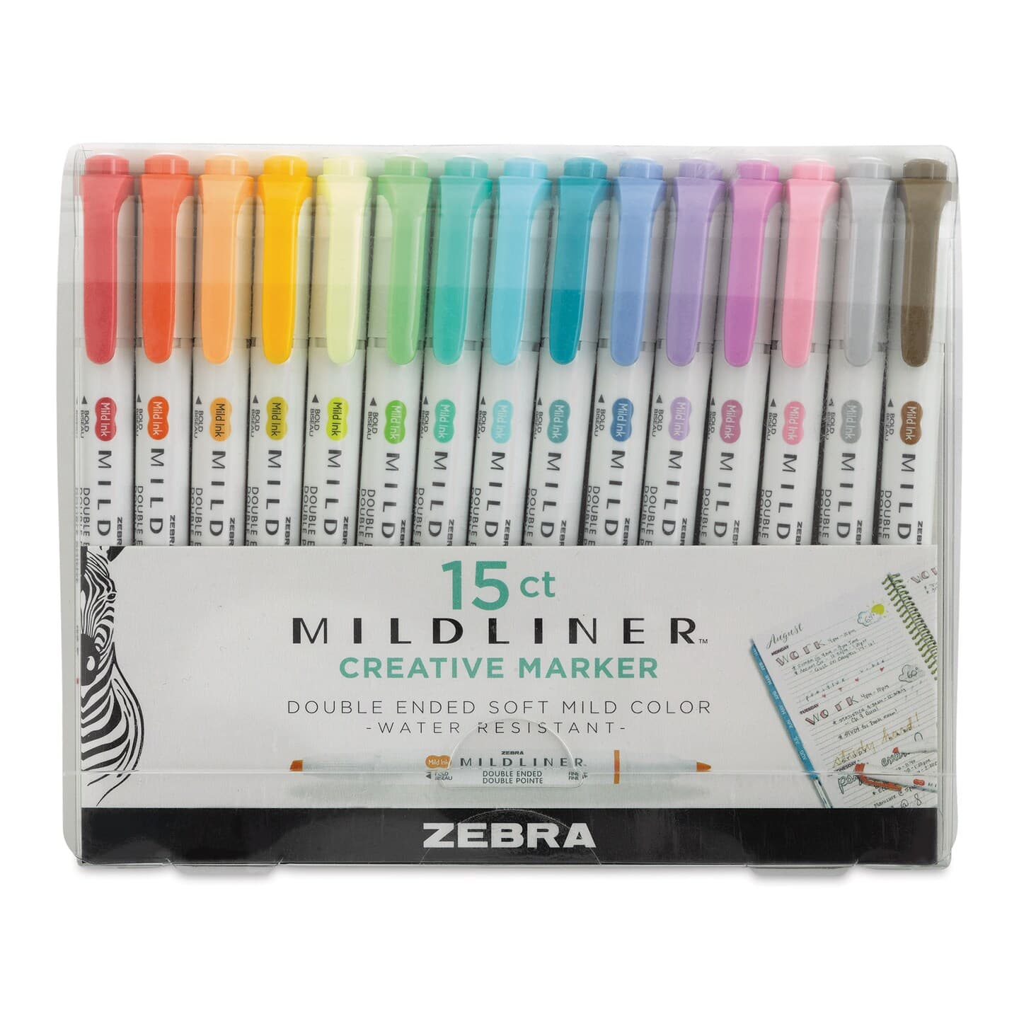 Zebra Mildliner Double Ended Creative Markers - Set of 15, Fluorescent, Cool, and Warm Colors - Image 1