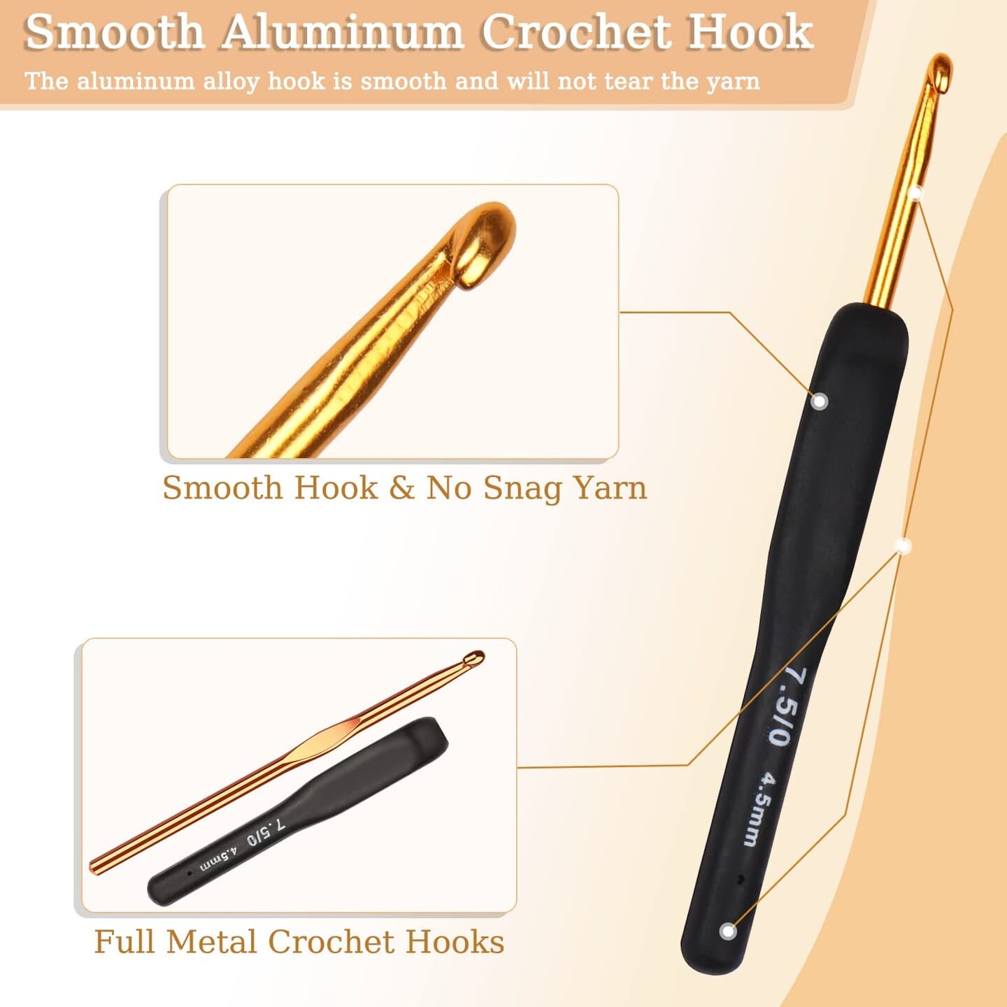 31pcs Crochet Hook Set, Black Gold Crochet Hooks Ergonomic with Grips for Arthritic Hands, Crochet Needles Set with Knitting & Crochet Supplies, Ideal Crochet Gift for Crochet Beginner Lover thumbnail 5
