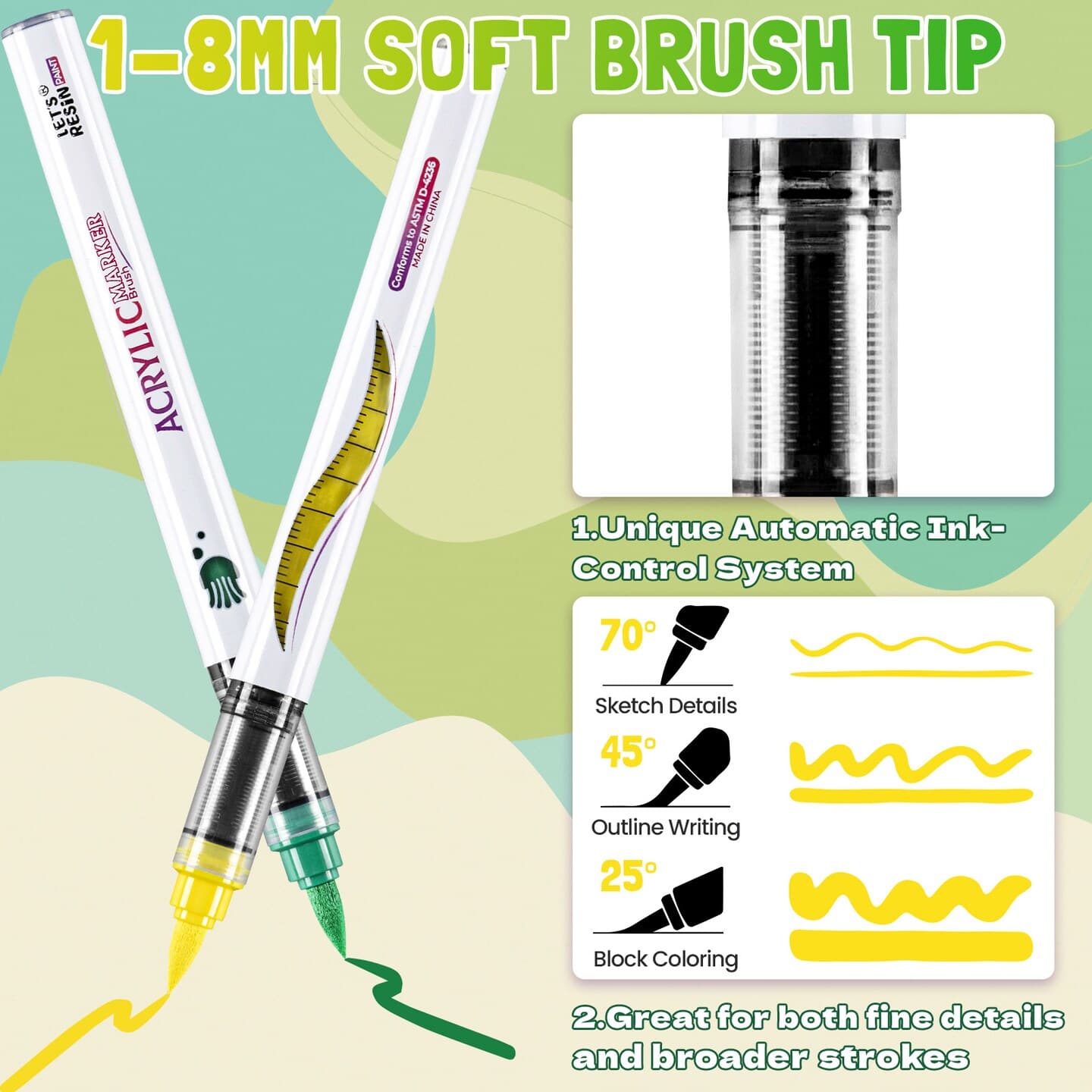 LET'S RESIN PAINT Acrylic Paint Markers Brush Tip 72 Colors,Automatic Ink Control Acrylic Paint Pens,No Bleed & Good Coverage Acrylic Markers for Coloring Books,Rock Painting,Canvas,Ceramic,Wood thumbnail 3