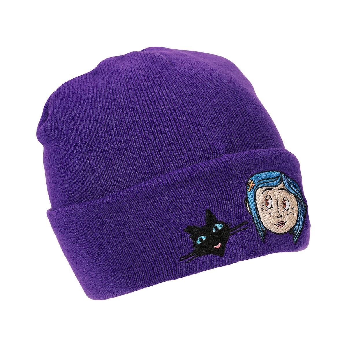 Coraline & Black Cat Character Art Purple Cuff Beanie thumbnail 2