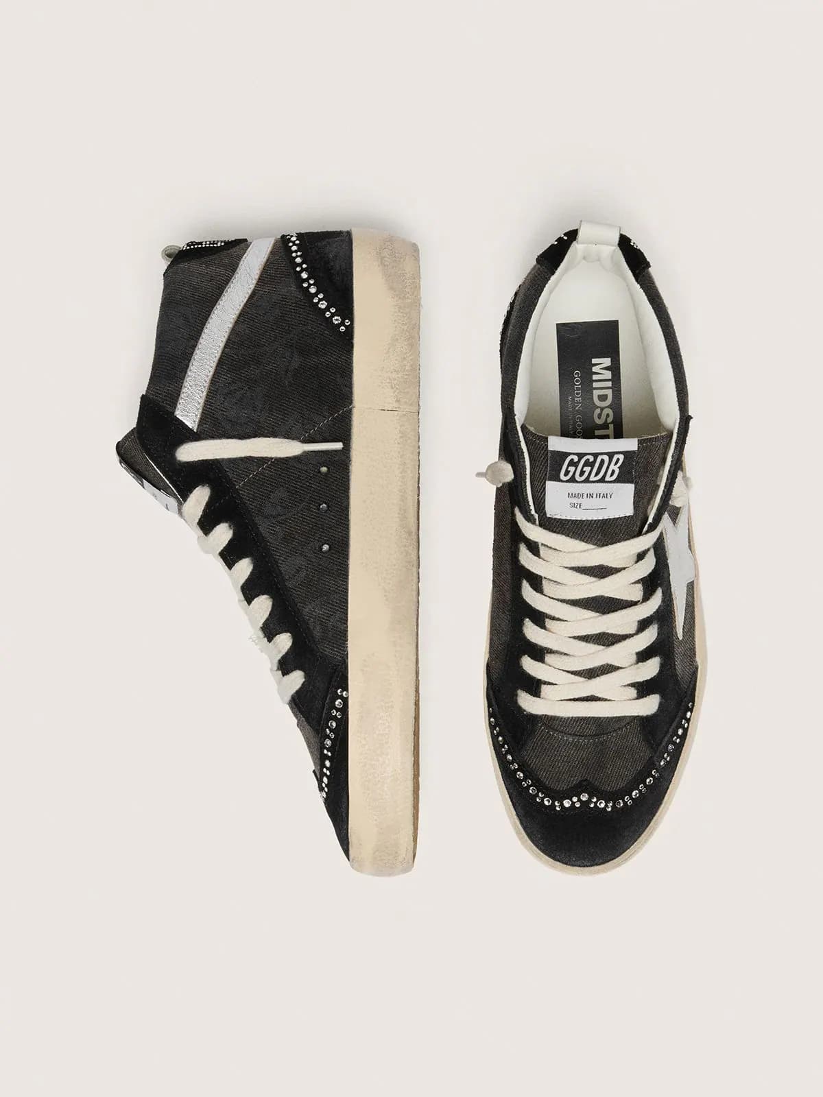 Mid Star LTD in black denim with suede inserts with Swarovski crystals thumbnail 3