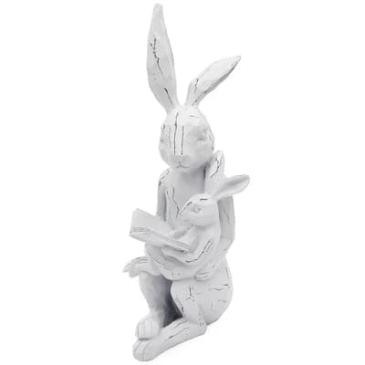 AuldHome Design Easter Reading Rabbit Figurine w/ Baby Rabbit 13in; Farmhouse White Bunny Statue - Image 1