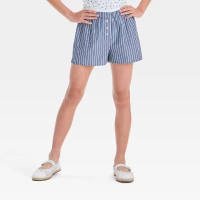 Girls' Double Waistband Striped Pull-On Shorts - art class™ Blue M: Lightweight Woven Fabric, Elastic Waistband - Image 1