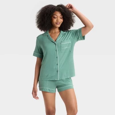 Women's Cloud Knit Short Sleeve Notch Collar Shirt and Shorts Pajama Gift Set - Auden™ Mom/Green XS - Image 1