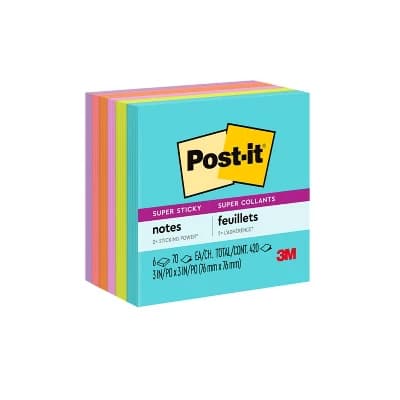 Post-it® Super Sticky Notes, 3 in. x 3 in., Supernova Neons Collection, 6 Pads/Pack, 70 Sheets/Pad: Multicolor, Art & Design - Image 1