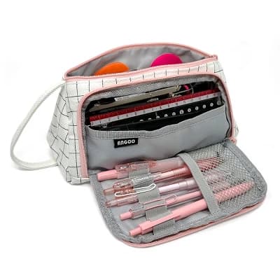 Wrapables Large Capacity Pencil Case, Portable Pencil Pouch for Stationery Office Supplies, Pink & White - Image 1