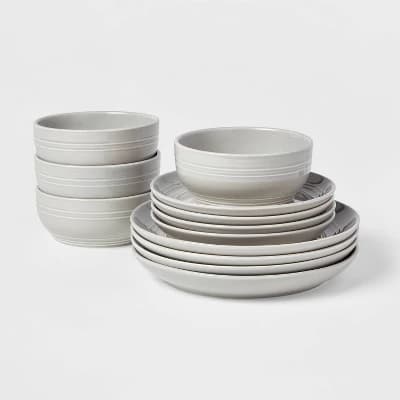 12pc Stoneware Westfield Dinnerware Set Gray - Threshold™: Solid Dish Set, Microwave & Dishwasher Safe, Service for 4 - Image 1
