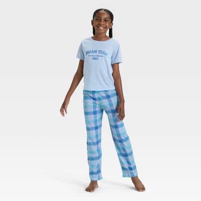 Girls' Short Sleeve Graphic T-Shirt and Pants Pajama Set - Cat & Jack™ Blue M - Image 1