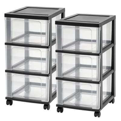 IRIS USA Set of 2 Plastic 3 Drawer Slim Narrow Storage Drawer Cart with 4 Caster Wheels for Home, Closet, Bedroom, Bathroom, Office, Laundry, Black - Image 1
