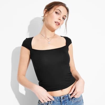 Women's Cap Sleeve Portrait Neck T-Shirt - Wild Fable™ Black XXS: Slim Fit, Midweight Jersey, Scoopneck - Image 1
