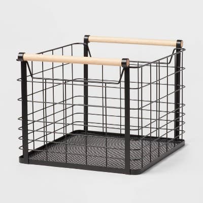 Large Wire Natural Wood Handles Milk Crate Black - Brightroom™: Powder-Coated Metal Storage Basket with Handles - Image 1