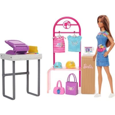 Barbie Make & Sell Boutique Playset with Brunette Doll, Foil Design Tools, Clothes & Accessories