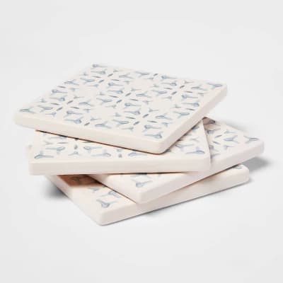 4pk Stoneware Stamp Coasters Light Blue - Threshold™: Traditional Drink Coasters, Hand Wash, 4" Square, Set of 4 - Image 1