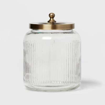 Medium Glass Bath Canister Brass - Threshold™: Elegant Storage Jar with Lid for Bathroom Organization, 43.9oz Capacity - Image 1