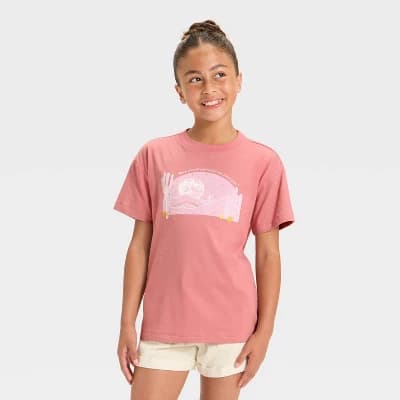Girls' Short Sleeve Oversized Scenic Desert Graphic T-Shirt - Cat & Jack™ Pink Rose S - Image 1
