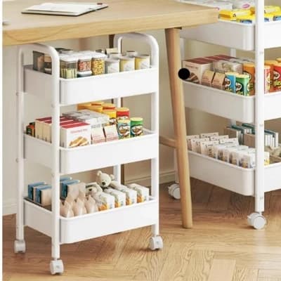 MOVSSOU Movable 3-Tier Rolling Storage Cart Shelves Rolling Utility Cart for Bathroom Kitchen Office Workshop White - Image 1