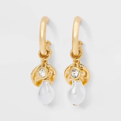 SUGARFIX by BaubleBar Pearl Charm Hoop Earrings - Gold: Zinc Statement Jewelry, 0.875" Length, 1" Width, Post Closure - Image 1