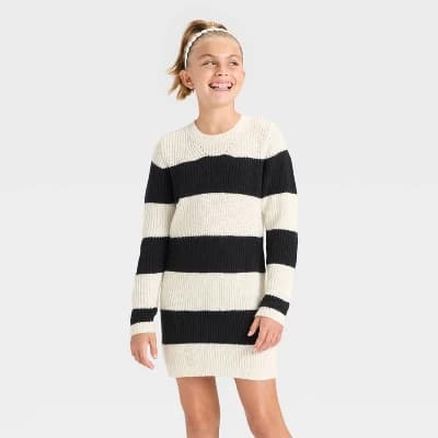 Girls' Long Sleeve Striped Sweater Dress - Cat & Jack™ Black/Cream M - Image 1