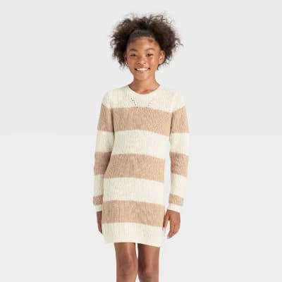 Girls' Long Sleeve Striped Sweater Dress - Cat & Jack™ Tan/Cream L - Image 1