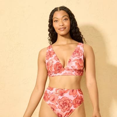 Women's Hibiscus Print Longline Bikini Top - Shade & Shore™ Pink XL - Image 1