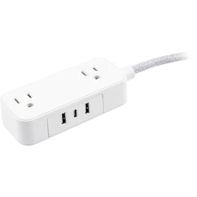 GE 2-Outlet Extension Cord 2 USB-A 1 USB-C 12W 6' Braided White/Gray: Flat Plug, USB Charging, 16 AWG, 6ft Length - Image 1