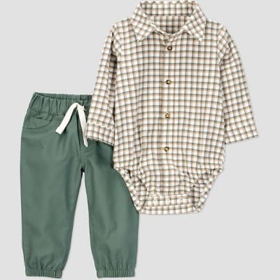 Carter's Just One You® Baby Boys' 2pc Plaid Button Up Bodysuit and Pants Set - Green Newborn