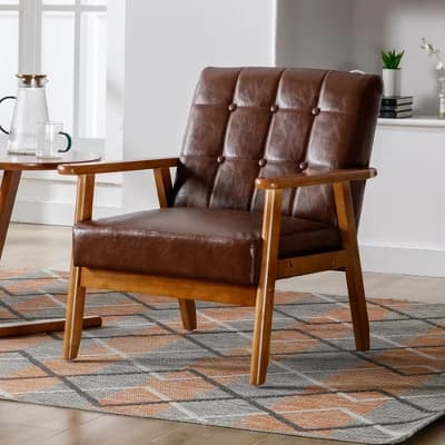 MOONMISS Mid-Century Modern Accent chair£¬Leisure Chair with Solid Wood Armrest and Feet,for Living Room Bedroom Studio chair,Brown PU - Image 1