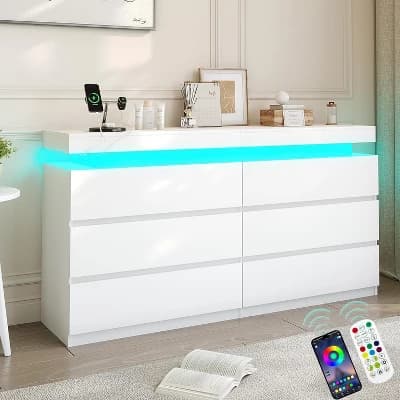 Vipbear modern 6-drawer dressing table - storage cabinet with LED lights, top sliding storage, bedroom, living room£¬White - Image 1