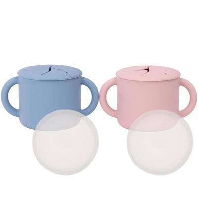 WeeSprout Snack Containers, Food Grade Silicone Cups, Spill-Proof Tops for Toddlers & Babies - Set of 2 (Matte Blue, Matte Pink) - Image 1