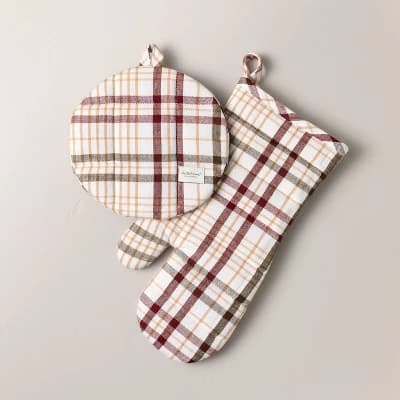 Set of 2 Fall Plaid Oven Mitts Burgundy/Brown - Hearth & Hand™ with Magnolia - Image 1