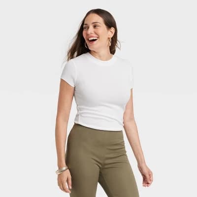 Women's Slim Fit Short Sleeve Ribbed T-Shirt - A New Day™ White M: Cotton Modal Blend, Crew Neck, Pullover - Image 1