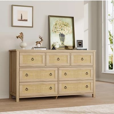 Rattan 7 Dresser for Bedroom, 47.2" Wide Dresser, Boho Wide Drawer Dresser with Storage, Wooden Closet Dressers Chest of Drawers, Natural - Image 1