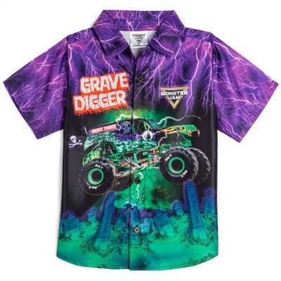 Monster Jam Trucks Grave Digger Toddler Boys Button Down Shirt Purple/Green 2T - Image 1