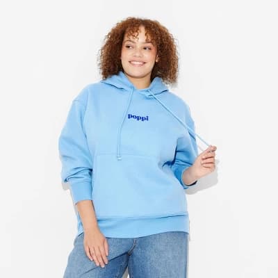 Adult Poppi Future of Soda Graphic Hoodie Sweatshirt - Blue 1X: Cotton-Polyester Blend, Kangaroo Pocket - Image 1