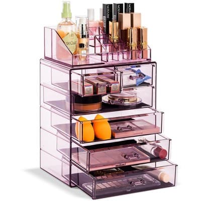 Sorbus 2 Piece Acrylic Makeup and Jewelry Storage Organizer Case (6 Drawers and Lipstick Tray) - Purple - Image 1