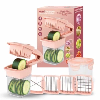 NutriChopper Light Pink Handheld Vegetable and Fruit Chopper with 4 Stainless Steel Blades & Catch Container - Image 1