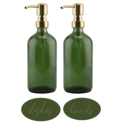 Darware Green Glass Soap Dispensers (2pk, Gold Metal Pumps, 16oz); Decorative Pump Bottles for Kitchen and Bathroom - Image 1