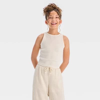 Girls' High Neck Ribbed Tank Top - art class™ Off-White XS - Image 1