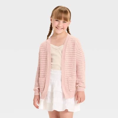 Girls' Pointelle Cardigan - Cat & Jack™ Light Mauve M - Image 1