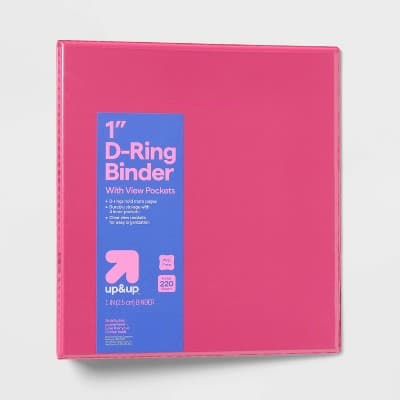 1" 3 Ring Binder Clear View Pink - up&up™: D Rings, 220 Sheet Capacity, Internal Pockets, Cardboard & Polypropylene