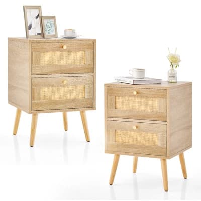 Costway 2 PCS Rattan Nightstand Boho Accent Bedside Table with 2 Storage Drawers Natural - Image 1