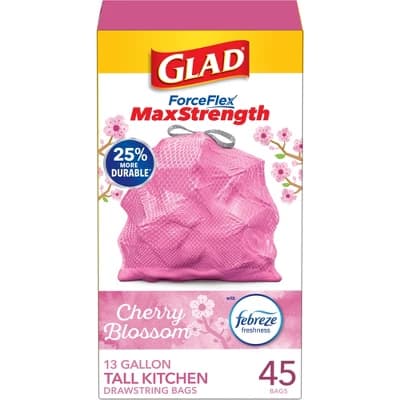 Glad ForceFlex MaxStrength Tall Kitchen Drawstring Pink Trash Bags - Cherry Blossom - 13gal/45ct - Image 1