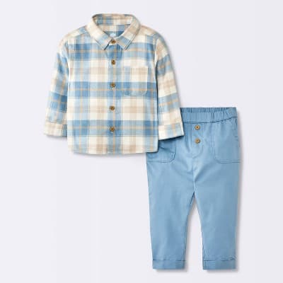 Baby Boys' Flannel Button-Down Top & Pants Set - Cloud Island™ Blue 18M
