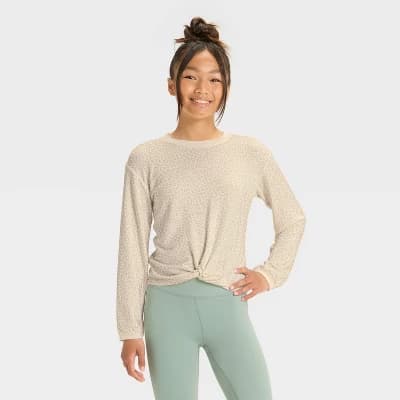 Girls' Modal French Terry Crewneck Sweatshirt - All In Motion™ Cream Leopard Print XS - Image 1