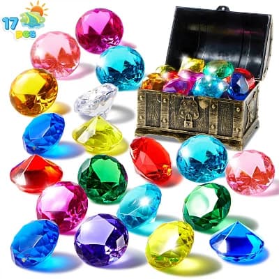 Joyfy 17 Pcs Diving Pool Toys, 16 Big Colorful Diamond Gems with Pirate Treasure Chest, Swimming Dive Toy for Kids Underwater Adventure Pool Games - Image 1