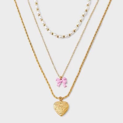 Girls' 3pk Heart Locket Pearls and Bow Charms Necklace - art class™ Gold: Acrylic Zinc Chain Set - Image 1