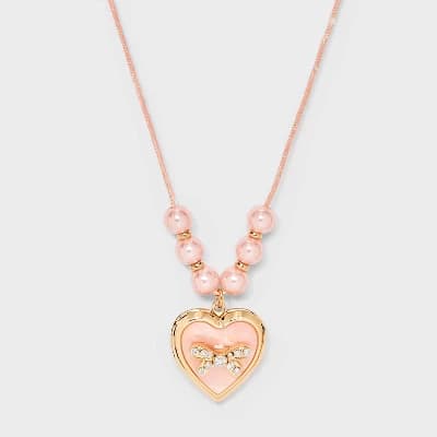 Girls' Pink Bow Locket Necklace - Cat & Jack™ Pink - Image 1