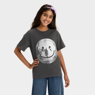 Girls' Short Sleeve Oversized Graphic T-Shirt - Cat & Jack™ Charcoal Gray XL - Image 1