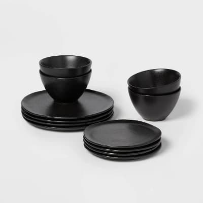12pc Earthenware Houlton Dinnerware Set Black - Threshold™: Solid Plate & Bowl Dish Set, Microwave & Dishwasher Safe - Image 1