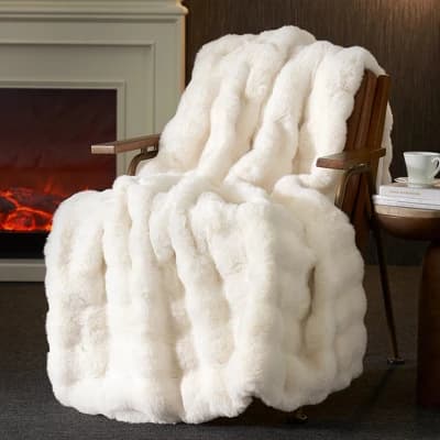 Amelie Home Luxe Faux Fur Throw Blanket  Cozy Bubble Texture for Sofa, Bedroom, or Living Room(Cream White, 50"x60" ) - Image 1